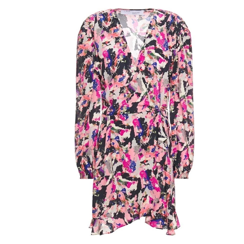 $435‼️IRO Bloomy Printed Pleated Long Sleeve Wrap Ruffle Mini Dress Watercolor 8 - Picture 3 of 13